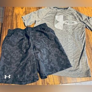 Kid’s Under Armour Heather Gray and Black Camo Shorts Set